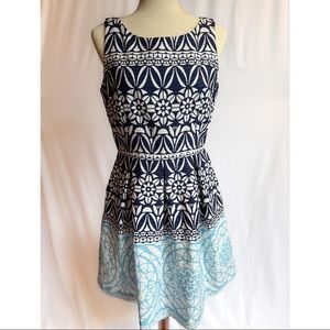 Blue Designed Sleeveless Summer Fit-Flare Dress